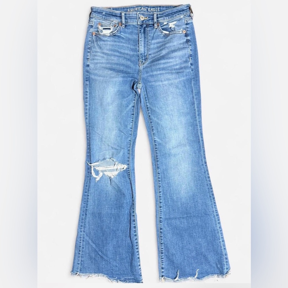 American Eagle Super High-Rise Flare Jeans - Size 2 Reg - Distressed Raw Hem